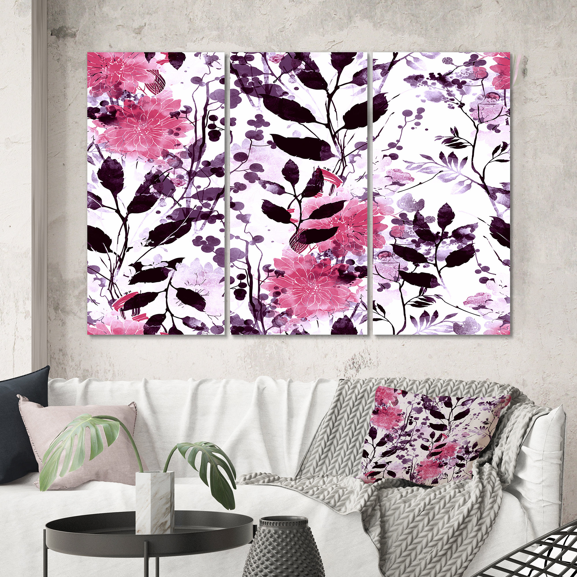 East Urban Home Pink And Black Leaves On White - Patterned Canvas Wall ...