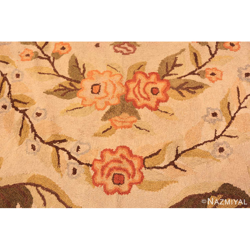 Antique Floral American Hooked Wool Rug in Beige and Brown