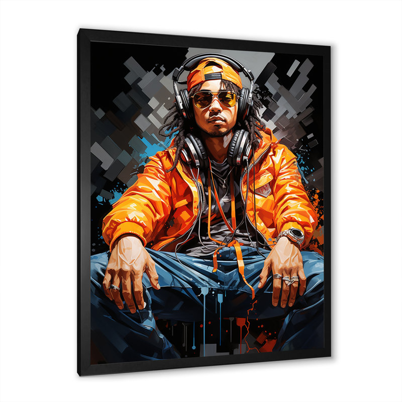 Hiphop rappeur aux couleurs vives et éclatantes, Cadre simple noir, H 32 po x l 16 po x P 1 po