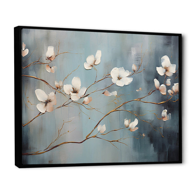 «Grey Blossoming Silhouettes - Abstract Botanicals», impressions sur toile, H 34 po x l 44 po x P 1,5 po, Cadre flottant noir
