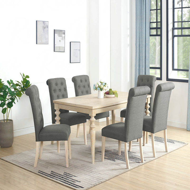Ensemble de salle à manger 7 pièces: table à pieds tournés et 6 chaises capitonnées, Gris foncé