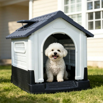 Weatherproof Plastic Dog House, Outdoor/Indoor Doghouse - Air Vents & Elevated Floor - Sloped Roof, Easy Clean & Assemble, 25.2" D x 19.3" W x 26" H - Small Gray