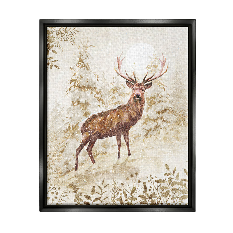 «Elk Snow Covered Forest» par Pip Wilson, peinture, Cadre flottant noir de jais, H 21 po x l 17 po x P 1,7 po