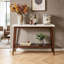 Console en bois massif, structure en bois d'hévéa massif, table d'entrée étroite à 2 niveaux de style Mid-Century, table d'appoint avec plateau de table blanc et tablette de rangement
