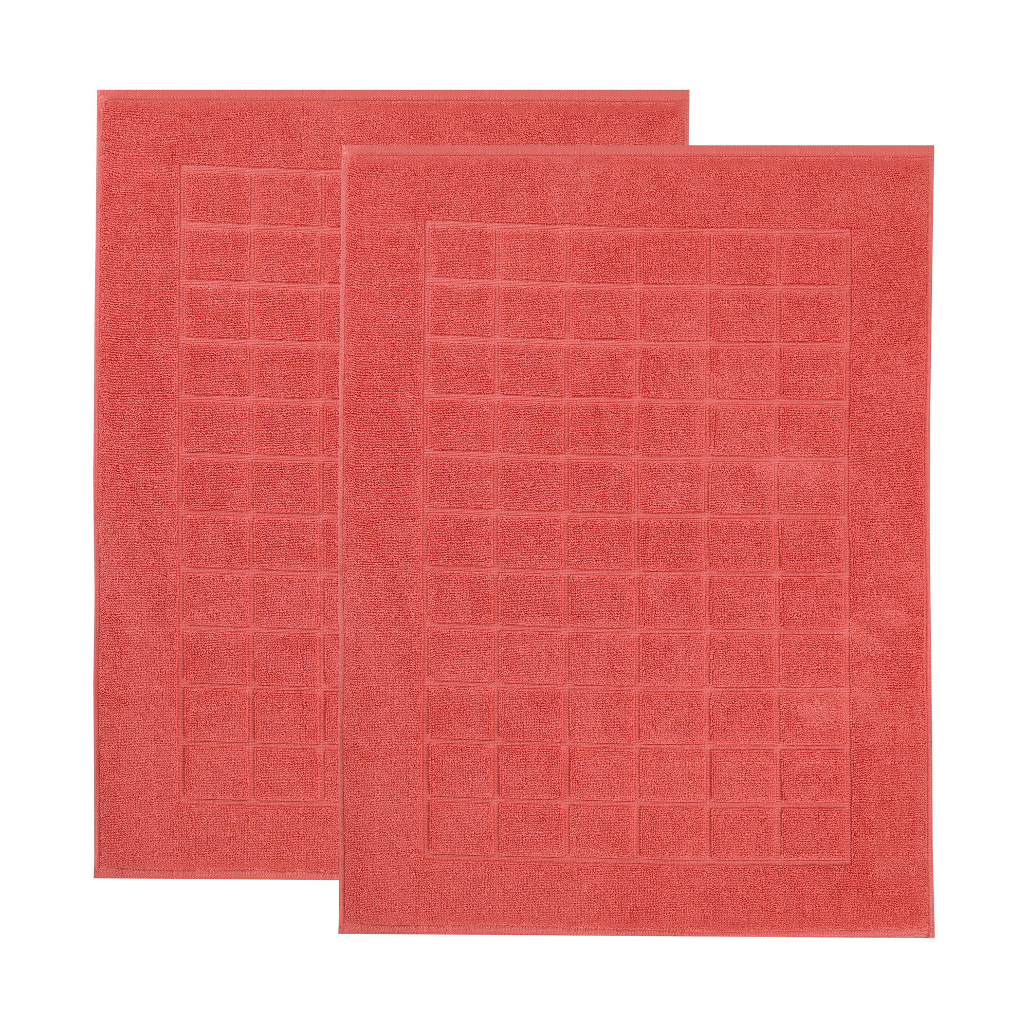 Nora Cotton Terry Solid Absorbent Thick Checkered Washable 2 Piece Bath Mat Set, Coral