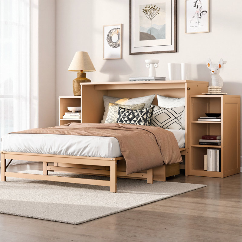 Lit escamotable double avec tiroirs et tablettes de rangement spacieux, idéal pour les chambres d'amis ou les chambres compactes