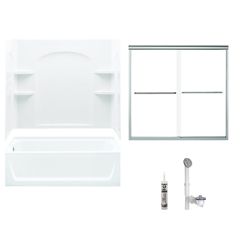 60" W x 74" H Frameless Rectangle Sliding Tub & Shower Kit with Towel Bar and Base Included, Silver, Right
