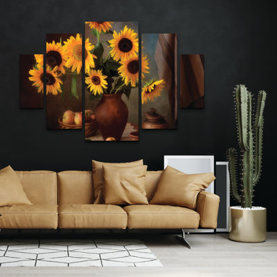 Ensemble de 5 panneaux muraux - Tatyana Skorokhod, art mural sur toile «Nature morte avec tournesols et pommes» pour salon, chambre à coucher ou bureau 