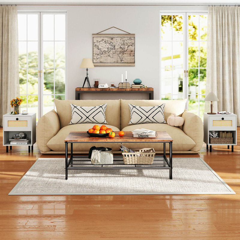 2 pièces Table de bout en rotin Boho avec tiroir et tablette ouverte pour le salon - blanc, Blanc, Ensemble de 2