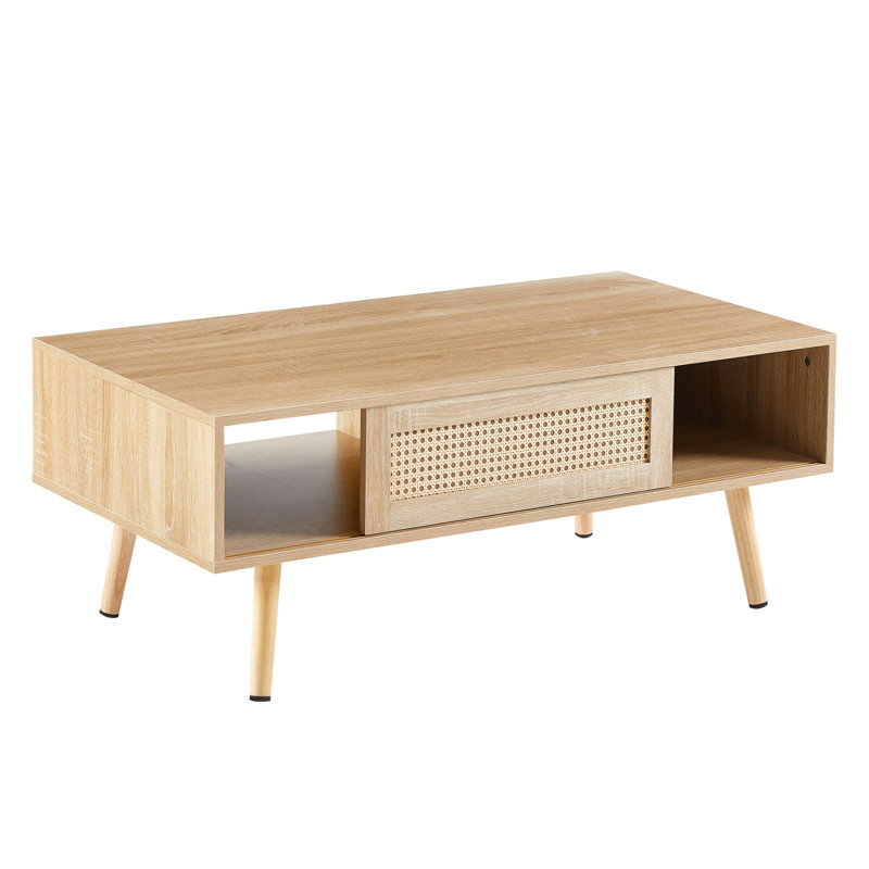 41.34" Rattan Coffee Table With Sliding Door Storage, Natural