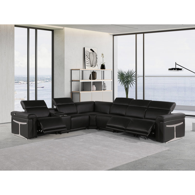 Suhur 7-Piece Top Grain Italian Leather Power Reclining Chaise Sectional, Black Genuine Leather