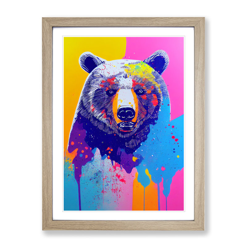 Colourful Bear No.1 - Wall Art, 36cm H x 27cm W x 2cm D, Oak Framed, White