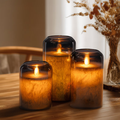Round Hurricane LED Candles with Mirrored Glass, Moving Wick Flickering Flame, Real Wax Pillars, Battery Operated (Included), Remote & Timer (Set of 3, Silver Grey Metallic)