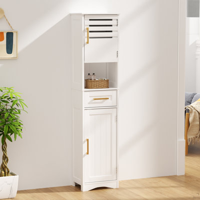 Grande armoire de rangement pour plancher de salle de bain, armoire étroite étroite avec 1 tiroir et 2 portes avec 5 tablettes réglables en hauteur, 15 x 12 x 67 pouces, blanc