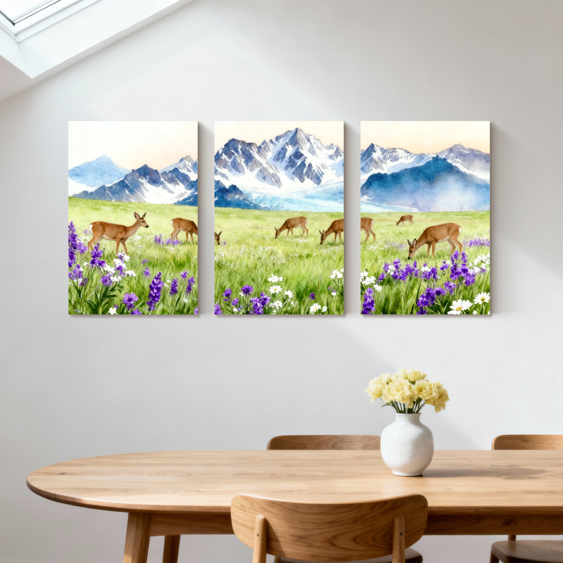 «Landscape & Nature Deer Meadow Flowers Mountains Reflection», ensemble de 3 reproductions d'art sur toile, H 30 po x l 60 po