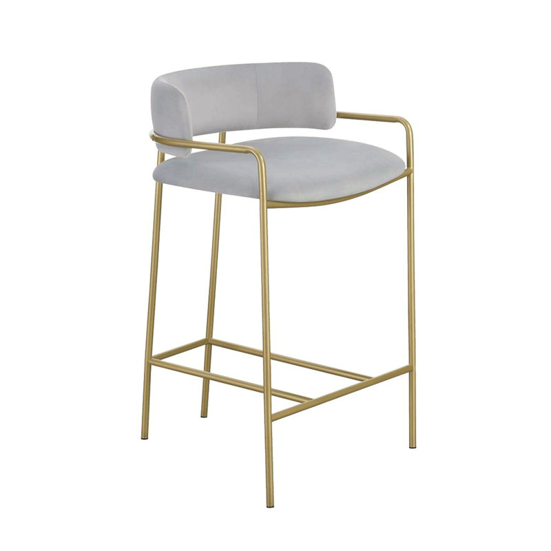 Velvet Upholstered Low Back Stool, Grey And Gold