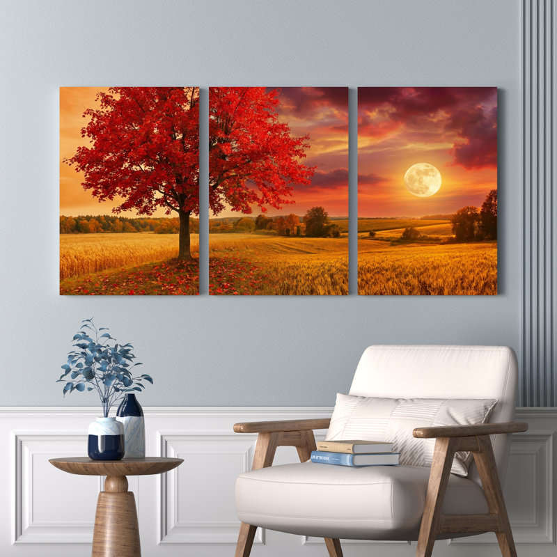 Ensemble de 3 toiles murales représentant un arbre d'automne aux feuilles rouges et à la pleine lune., H 18 po x l 36 po