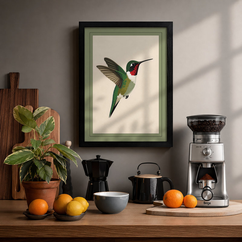 Ruby Hummingbird Botanical - Framed Print, A2 - 59.4 x 42.0 cm, Black