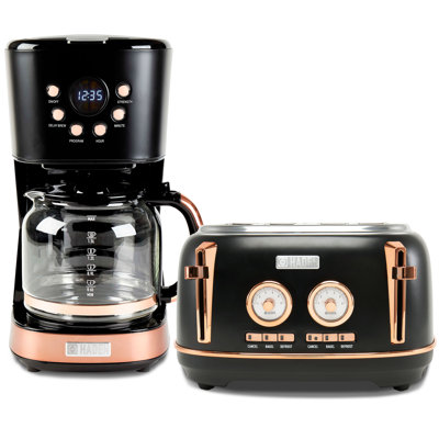 Haden Dorset 4 Slice Wide Slot Toaster & 12 Cup Coffee Maker, Black & Copper
