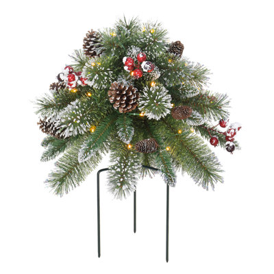 Bourre 18 po B / O Snowy Urn, 48 pointes, 35 lumières DEL blanc chaud (3 piles AA non incluses), fonction marche / arrêt 6/18 heures, pommes de pin et baies