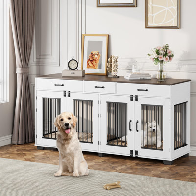Grande cage pour chien 71 po pour 2 chiens, double cage pour chien avec 3 tiroirs pour un grand espace de rangement, cage intérieure pour meuble et meuble télé, pour grands chiens moyens