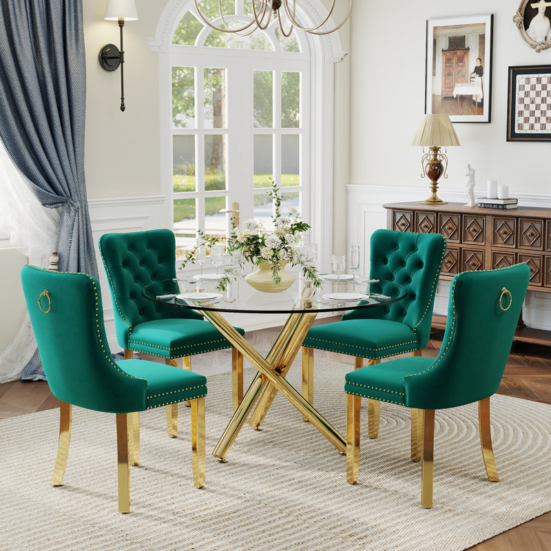Ensemble de salle à manger à piédestal rond 5 pièces avec chaise capitonnée en velours pour salle à manger et salon, Vert