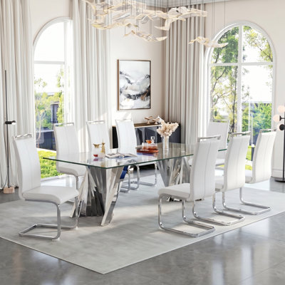Chaises de salle à manger modernes à dossier haut en faux cuir avec base en métal (ensemble de 8)