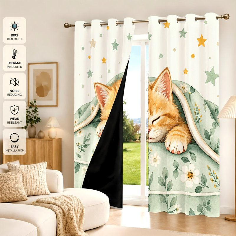 2Pcs rideaux mignons de type chaton endormi, 53 * 96 pouces * 2 pièces