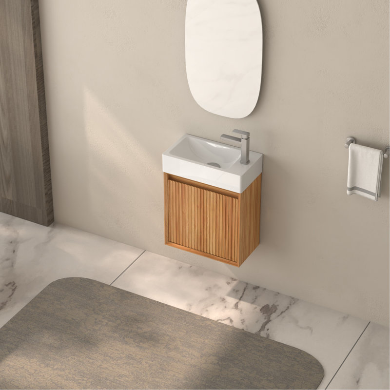 Meuble-lavabo mural de 16 po, bois massif, lavabo en résine blanche, structure, petite surface de conception réversible, installation rapide
