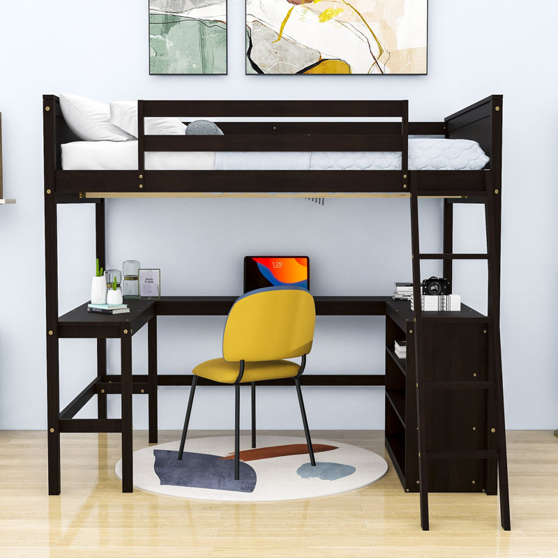 Wood Loft Bed With Desk And Shelves, Espresso, Full