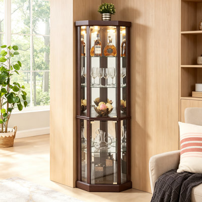 Cornered Curio Cabinet Corner Glass Cabineted Curio Cabinet Corner Display Case For Living Room, Curio Cabinet, Collection, Wine,Bar Glass Storage Included,