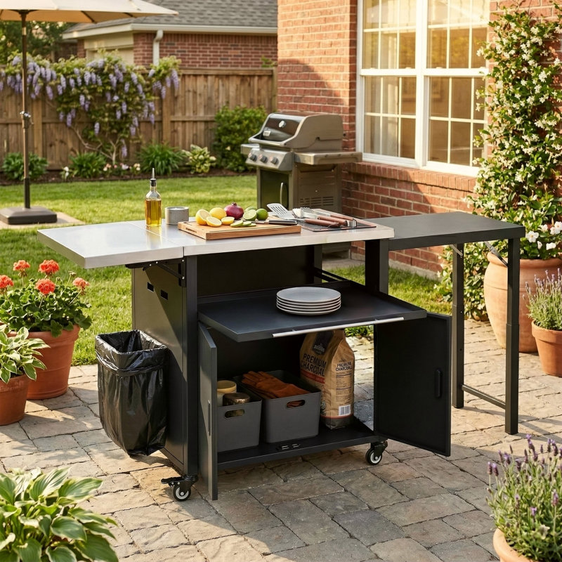 Chariot de barbecue pliable pour l'extérieur, Noir
