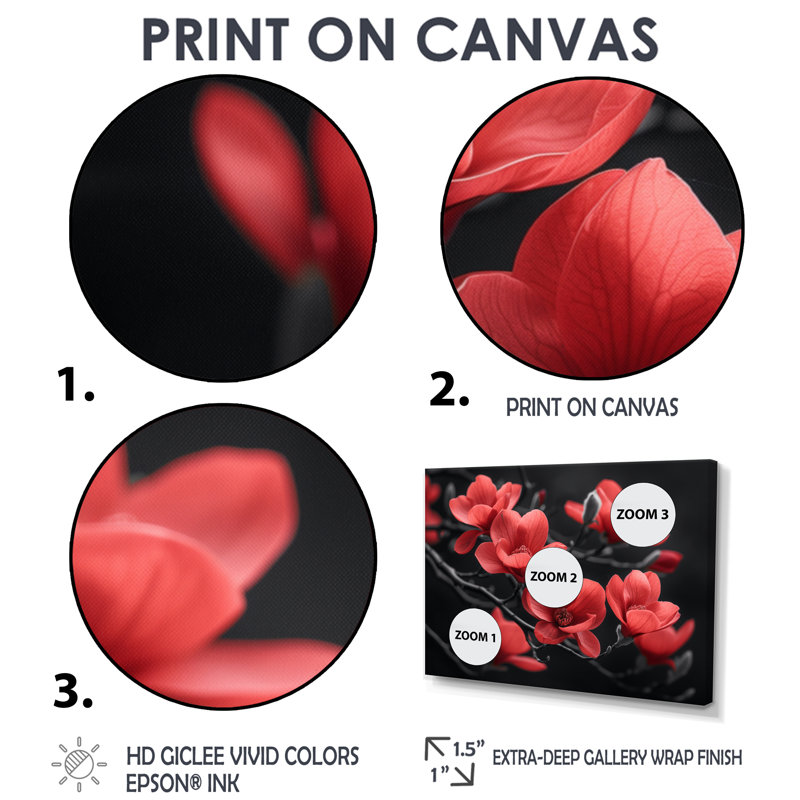 «Magnolias Photo II» - art mural rouge, Toile tendue, H 28 po x l 60 po