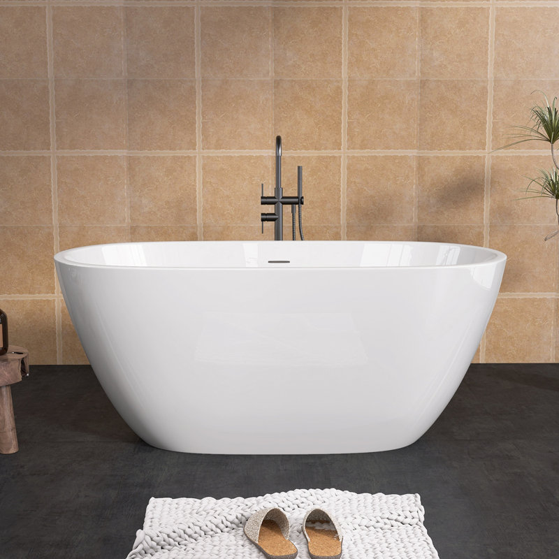 55" Freestanding Soaking Acrylic Bathtub, Glossy White
