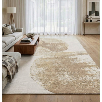 Tapis d'intérieur rectangulaire beige et marron contemporain en laine nouée à la main