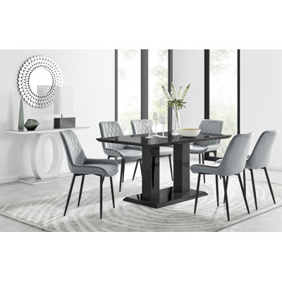 Eubanks High Gloss Double Pillar Dining Table Set with 6 Luxury Velvet Upholstered Dining Chairs