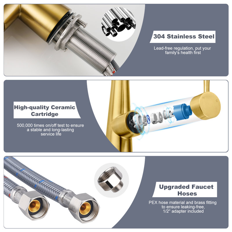 Gold Stainless Steel High-Arc Kitchen Faucet with Pull-out Spray