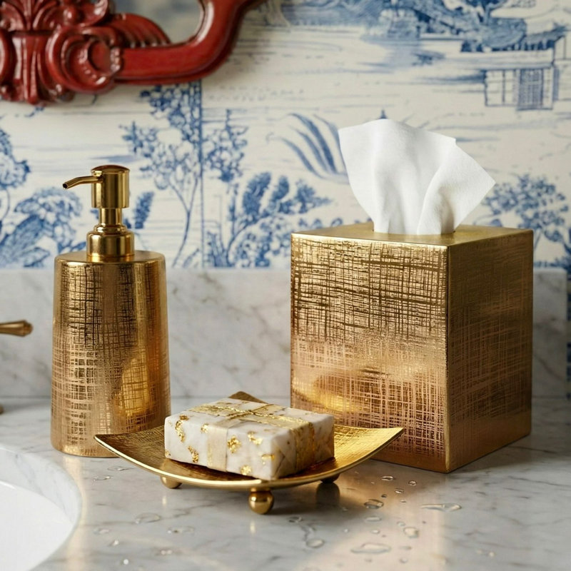 Jacquard Metal Tissue Box Cover, Gold