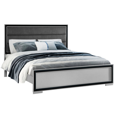 Très grand lit à DEL gris et noir, bois massif + fabrication, tête de lit tapissier, argent élégant, garniture décorative noire, 84 po Profondeur x 79 largeur 56 hauteur, lit de 112,59 lb avec DEL et argent 84 po 79 po 56 po