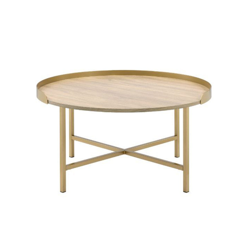 Table basse à plateau rond en chêne et or