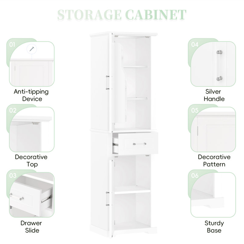 72"H Freestanding Bathroom Cabinet with Drawer and Adjustable Shelves, White