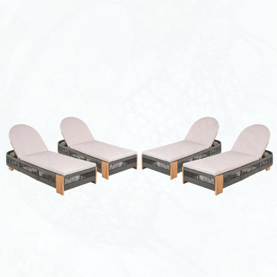 Outdoor Acacia Wood Adjustable Chaise Lounge Set of 4 with Grey Rope and Natural Iron (Uncushioned)