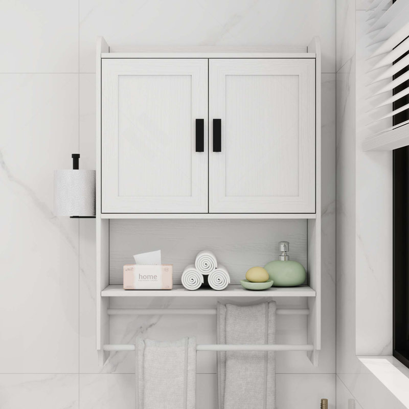Bathroom Wall Cabinet With Doors, Adjustable Shelf, Towel Bar And Paper Holder, White