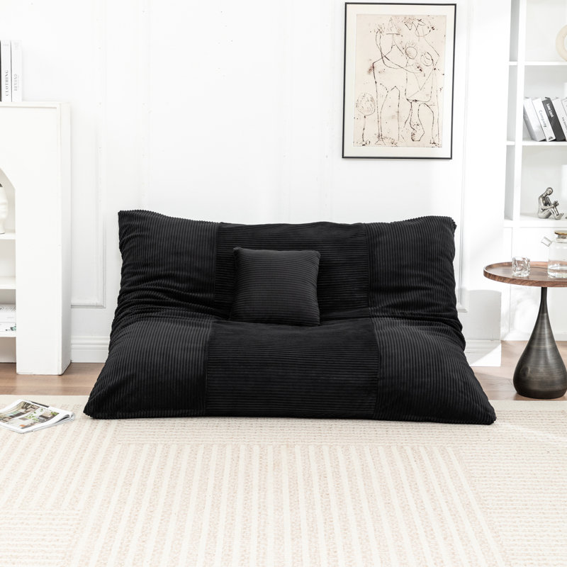 Fauteuil à billes sur le plancher, siège paresseux, adultes et, lecture, télévision, housse amovible, velours côtelé, chaise longue sous vide, salon, rembourrage en mousse souple, noir, peau