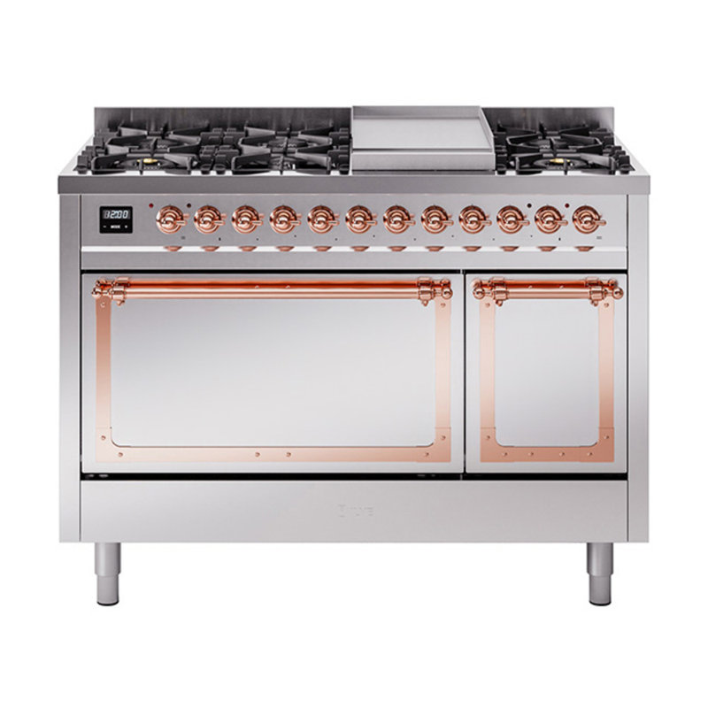 ILVE Nostalgie II Noblesse 48 in Dual Fuel Range, 8 Burner, Griddle, Stainless Steel/Copper, Natural Gas