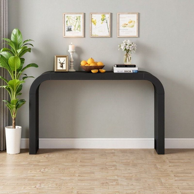 Table console 52 po à bord arrondi en bois - Canapé d'entrée en placage de cèdre naturel pour salon de couloir, Noir