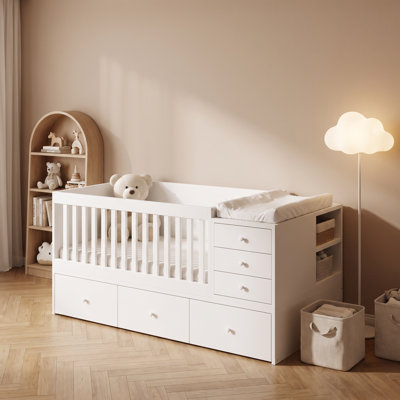 2-in-1 Solid Wood Convertible Crib Converts to Daybed, Equipped with Guardrails, Changing Station  Storage Drawers, Fits Standard US Toddler Mattress