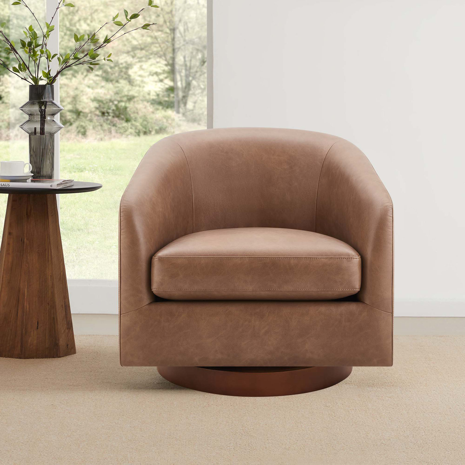 Bennett Vegan  Leather Swivel Barrel Chair, Brown Performance Vegan Leather