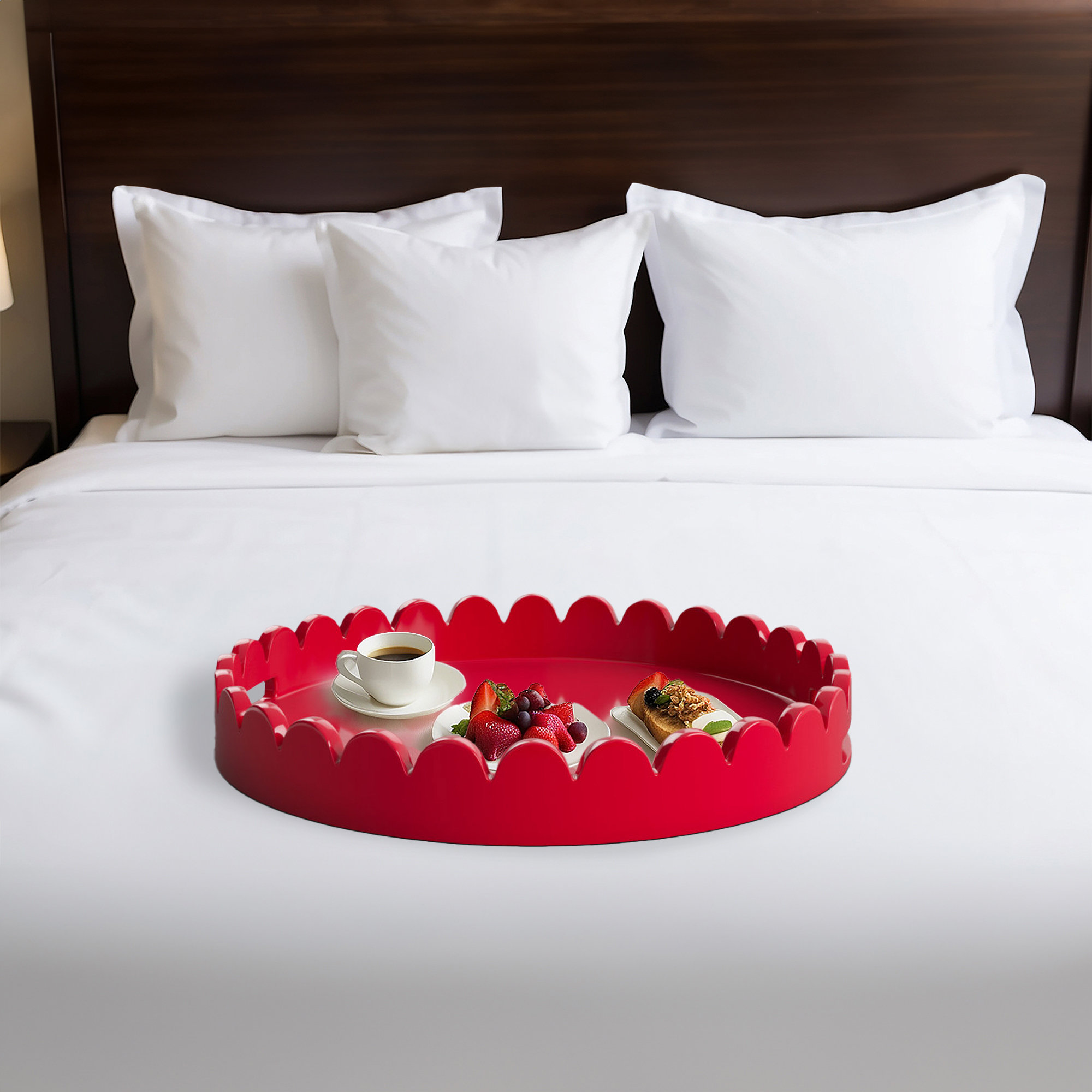 Effa Hand-Crafted Round Scalloped Wood Tray, Fire Truck Red