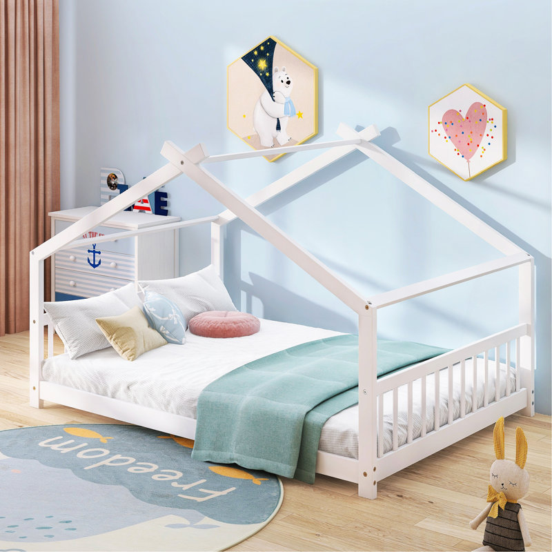 Lit double en bois pleine grandeur, blanc, Blanc, Lit double